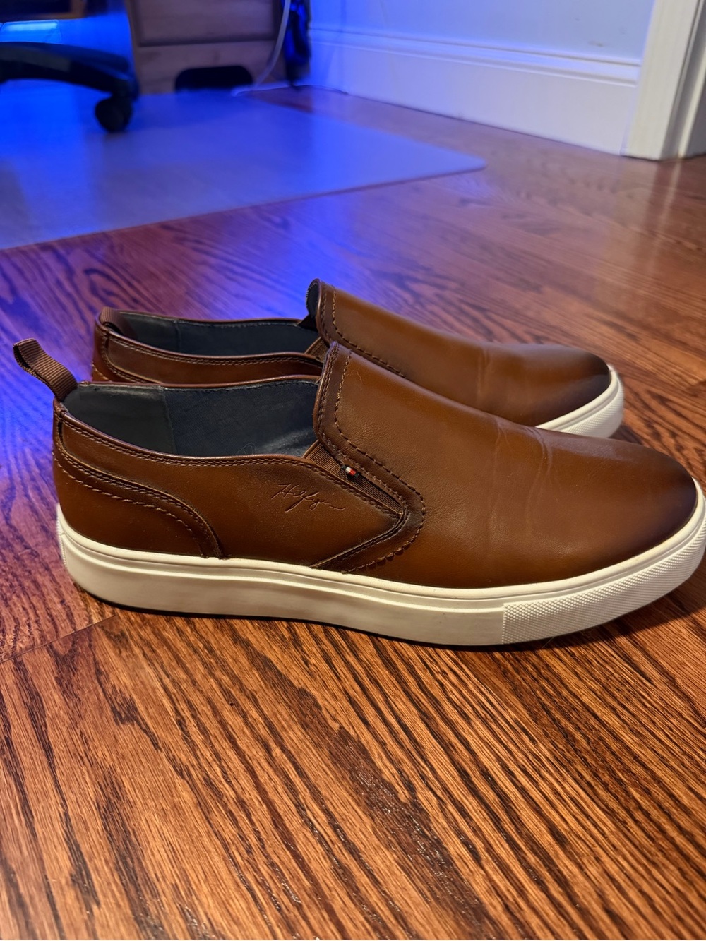 Tommy Hilfiger Brown Leather Slip-On Sneakers with White Sole
